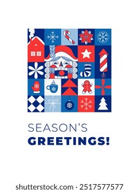 Seasons greetings New Year Christmas card modern geometric design festive icons and holiday greetings The bold red, white, and blue colors. Traditional holiday. Vector illustration, flat style design.