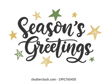 Season's Greetings phrase quote, banner, gift card, seasonal store sale design. Christmas ink hand lettering. Greeting card with brush calligraphy, isolated on white background.
