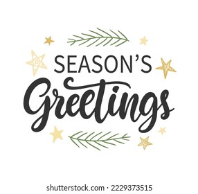 Season's Greetings phrase quote, banner, gift card, seasonal store sale design. Christmas ink hand lettering. Greeting card with brush calligraphy, isolated on white background.