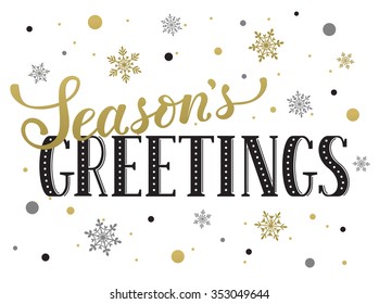 Seasons greetings postcard template. Modern New Year lettering with snowflakes isolated on white background. Christmas card concept. 