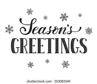 Seasons greetings postcard template. Modern New Year lettering with snowflakes isolated on white background. Christmas card concept. 