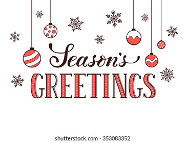 Seasons greetings postcard template. Modern New Year lettering with snowflakes isolated on white background. Christmas card concept. 