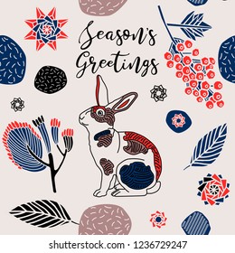 Seasons greetings print design with rabbit and floral designs.