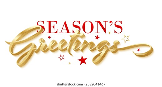 SEASON'S GREETINGS red and metallic gold vector typography banner with stars