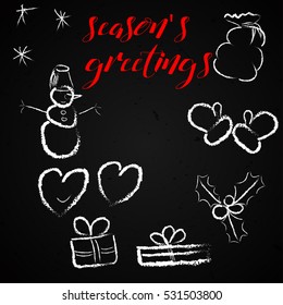 Seasons greetings red text with hand-drawn doodles mittens, snowman, gift boxes, two hearts, Santa's gift bag and holly. Card for winter holidays. Free typography lettering. Vector illustration.
