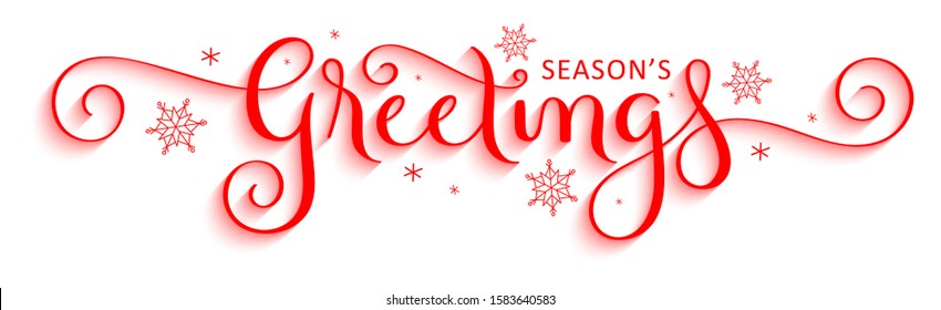 SEASON'S GREETINGS red vector brush calligraphy banner with spirals and snowflakes