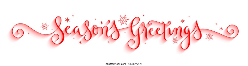 SEASON'S GREETINGS red vector brush calligraphy banner with spiral flourishes and snowflakes