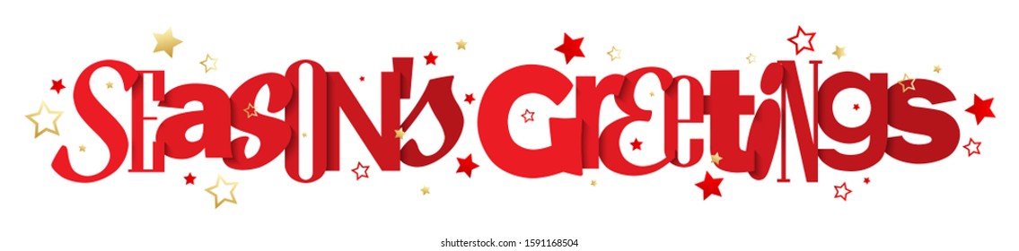 SEASON'S GREETINGS red vector typography banner with red and gold stars