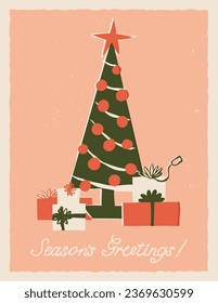 Seasons Greetings retro greeting card with a cute decorated Christmas Tree with gift boxes presents under it, and fireworks in the background. Vector card, banner, poster, art print hand-drawn design.