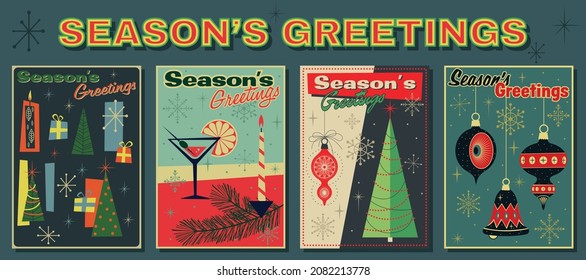 Season's Greetings! Retro Style Greeting Cards, Mid Century Modern Style Illustrations, Christmas Tree, Decorations, Gifts, Cocktail Glass
