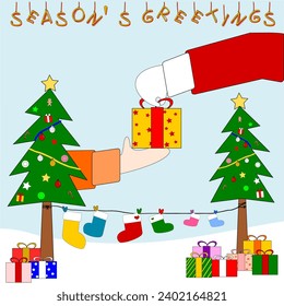In season's greetings, Santa Claus's hand sends joy and gifts to everyone, and the ground full of snow has some stockings held on between Christmas trees, with a lot of gifts under the trees. 