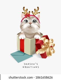 seasons greetings slogan with cute cat in present box illustration