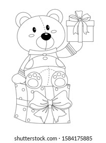 Season's greetings teddy bear vector cartoon. Cute teddy bear sitting on gift box vector illustration cartoon colorless for coloring book. Bear with present boxes. 