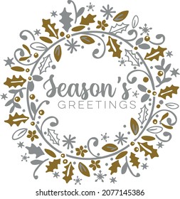 Season's greetings typo christmas wreath decoration festive vector icon design, gold silver, for wallpaper, fashion print, textile pattern, scrapbooking, invitation, card, decoration, festive, sticker