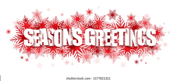 SEASON'S GREETINGS typography banner on background of red snowflakes