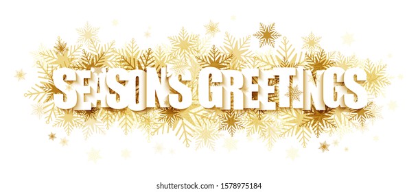 SEASON'S GREETINGS typography banner on gold snowflakes background
