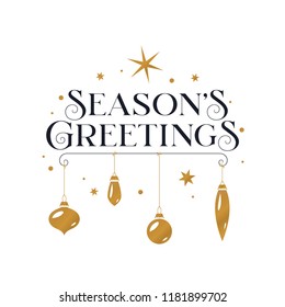 Seasons greetings typography card. Beautiful typographical invitation with Christmas decorations and stars. Modern lettering white background. Vector illustration.