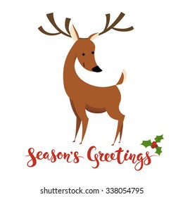 Season's Greetings vector card with funny Christmas character. Vintage Christmas card design with deer and Season's Greetings lettering
