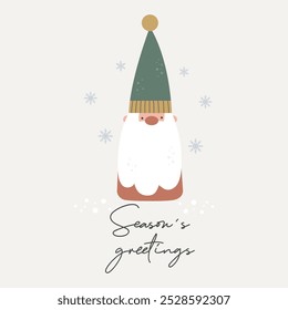 Season's greetings vector Christmas quote. Cute gnome and snowflakes on a light background. Winter holiday illustration. Christmas greeting card. Happy New Year background.