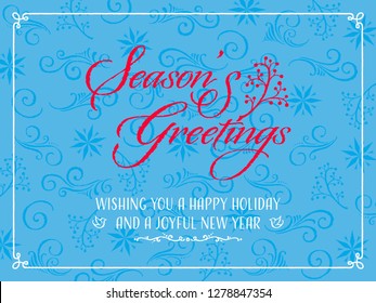 season's greetings vector graphics card on a blue decorative background with ornamental vintage style typography 