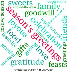 Season's Greetings word cloud on a white background. 
