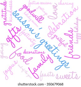 Season's Greetings word cloud on a white background. 