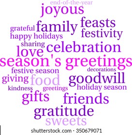 Season's Greetings word cloud on a white background. 