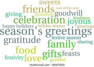Season's Greetings word cloud on a white background. 