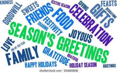 Season's Greetings word cloud on a white background. 