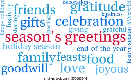 Season's Greetings word cloud on a white background. 