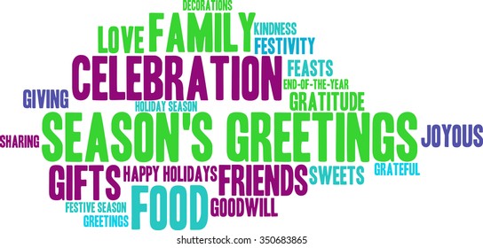 Season's Greetings word cloud on a white background. 
