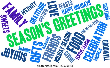 Season's Greetings word cloud on a white background. 