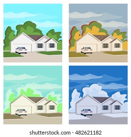 Seasons house flat design vector set of illustration , landscape