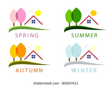 seasons. The house and trees and words - winter, autumn, spring, summer