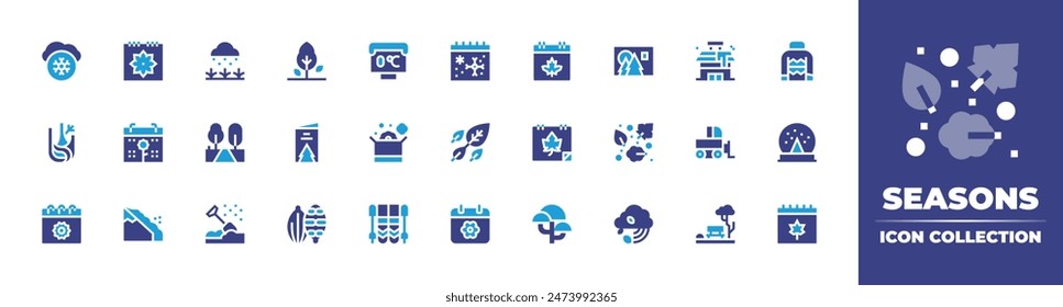 Seasons icon collection. Duotone color. Vector illustration. Containing shovel, avalanche, autumn, summer, autumntree, spring, skiing, rain, thermometer, package, snow, brochure, fennel, cardamom.