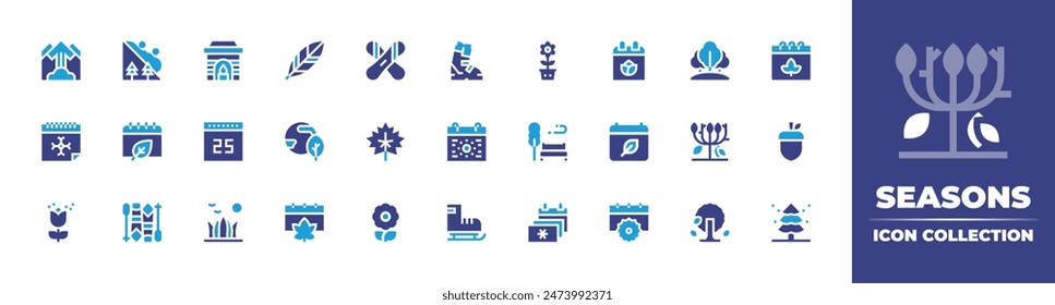 Seasons icon collection. Duotone color. Vector illustration. Containing calendar, winterseason, seasons, leaf, pollen, skate, grass, autumn, park, skiequipment, summers, flower.