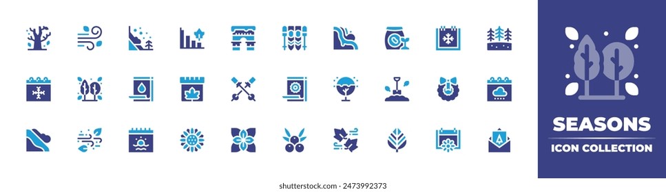 Colección de iconos de estaciones. Color duotono. Ilustración vectorial. Contiene árbol, temporada baja, viento, otoño, avalancha, arco, calendario, lluvioso, esquí, invierno, verano, girasol, orégano.