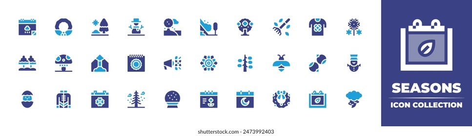 Seasons icon collection. Duotone color. Vector illustration. Containing chick, tree, avalanche, snowball, mushroom, drytree, trees, jacket, calendar, flower, announce, moon, summer.