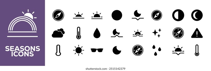 Seasons icon collection. Duotone color. Vector illustration. Containing shovel, avalanche, autumn, summer, autumntree, spring, skiing, rain, thermometer, package, snow, brochure, fennel, cardamom.