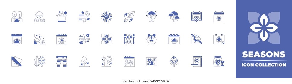Seasons icon collection. Duotone style line stroke and bold. Vector illustration. Containing autumn, wind, wreath, avalanche, arch, calendar, ski, card, summer, winter, oregano, cardamom.