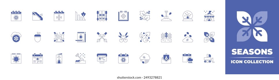 Seasons icon collection. Duotone style line stroke and bold. Vector illustration. Containing tree, lowseason, acorn, winter, avalanche, summer, rainy, skiing, ski, snow, juniper.