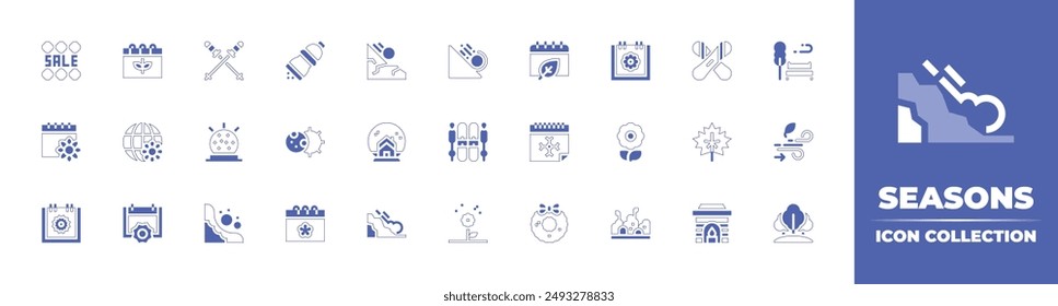 Seasons icon collection. Duotone style line stroke and bold. Vector illustration. Containing seasoning, sales, snowavalanche, spring, skisticks, eclipse, ski, calendar, avalanche, snowball, globe.