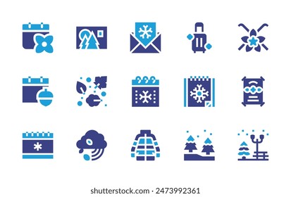 Seasons icon set. Duotone color. Vector illustration. Containing leaves, jacket, rain, christmascard, calendar, trees, card, park, suitcase, spring, chestnut, vanilla.