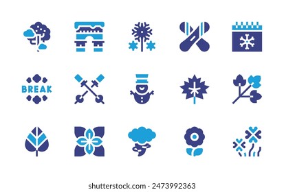 Seasons icon set. Duotone color. Vector illustration. Containing leaf, tornado, ski, arch, snowman, calendar, clover, cherrytree, springbreak, oregano, parsley, flower, dandelion.