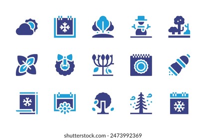 Seasons icon set. Duotone color. Vector illustration. Containing forest, calendar, snowman, winter, wreath, suncloud, autumntree, plant, spring, drytree, oregano, summer.