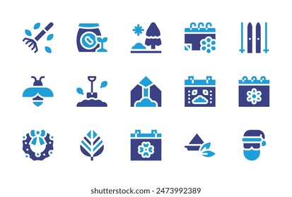 Conjunto de iconos de estaciones. Color duotono. Ilustración vectorial. Conteniendo curry, abeja, esquí, santaclaus, hoja, avalancha, pala, rastrillo, primavera, otoño, corona, calendario, soja, pinetree.