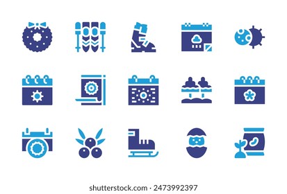 Seasons icon set. Duotone color. Vector illustration. Containing christmaswreath, chick, boot, eclipse, skate, dry, ski, summer, spring, calendar, trees, summertime, soybean, juniper.
