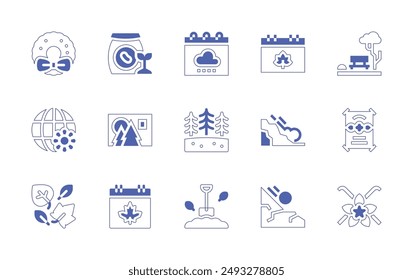 Seasons icon set. Duotone style line stroke and bold. Vector illustration. Containing winter, forest, christmaswreath, avalanche, shovel, leaves, globe, rainy, card, fall, soybean.