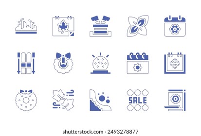 Seasons icon set. Duotone style line stroke and bold. Vector illustration. Containing christmaswreath, windy, wreath, ski, snowball, calendar, avalanche, santa, grass.