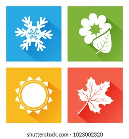 Seasons icon. Set of nature. Blue winter with snowflake, green spring with flower and leaf, yellow summer with sun, orange autumn with maple leaf. Vector illustration